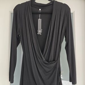 Black Draped V-Neck Tunic Top